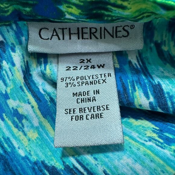 Catherines Button Up Shirt Womens 2X Top Green Yellow Blue‎ Career Work Office - Picture 2 of 5
